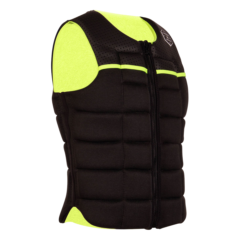 A black and yellow Liquid Force Flex Comp Vest with neon accents.