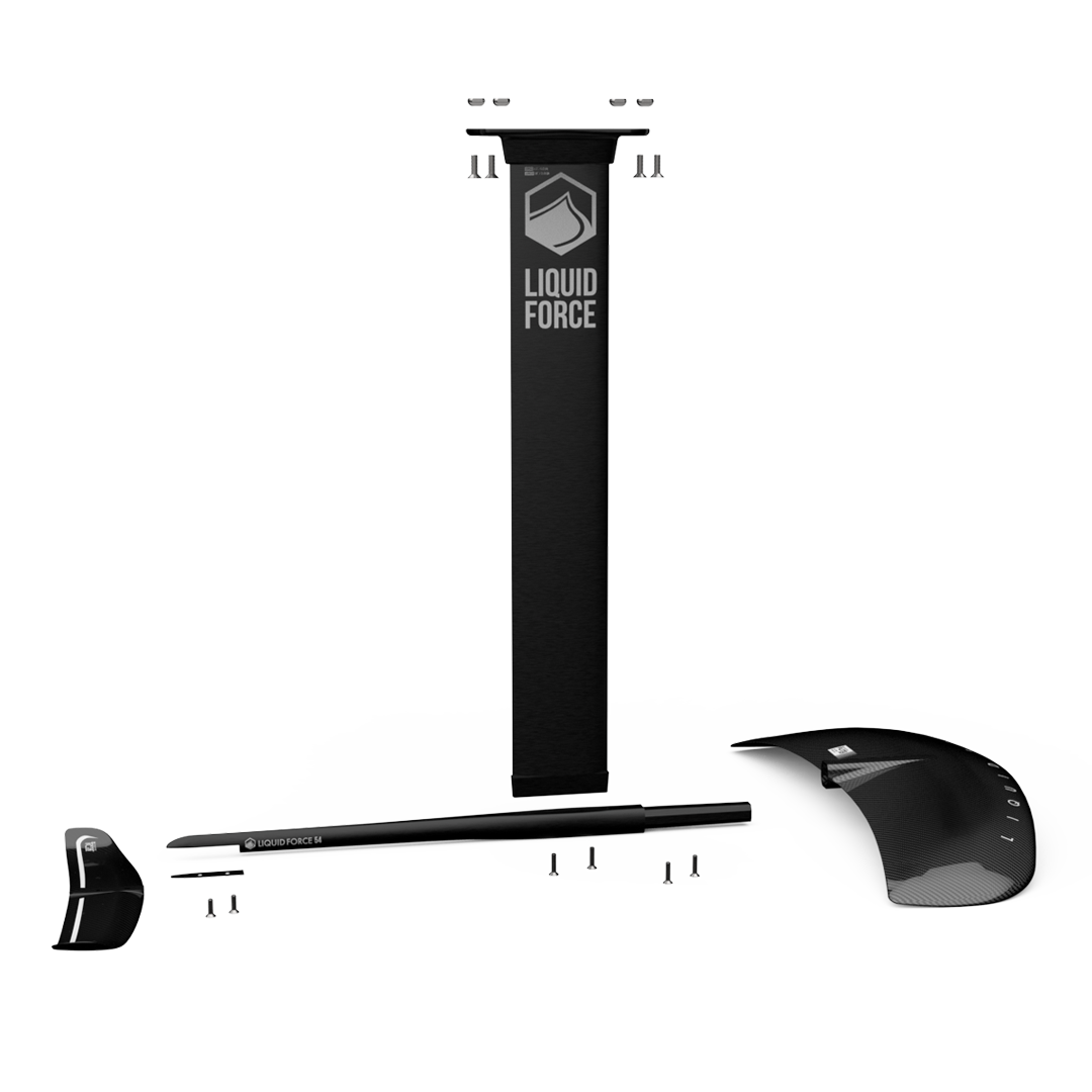 A black pole with a black handle and a Liquid Force 2024 Flite 120 Foil Set.