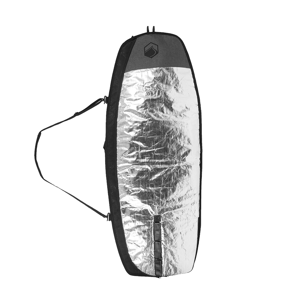 The Liquid Force Foil Board Bag - 4'4" in silver and black, designed by Liquid Force, rests against a green background and includes a shoulder strap along with an adjustable mast opening for convenience.