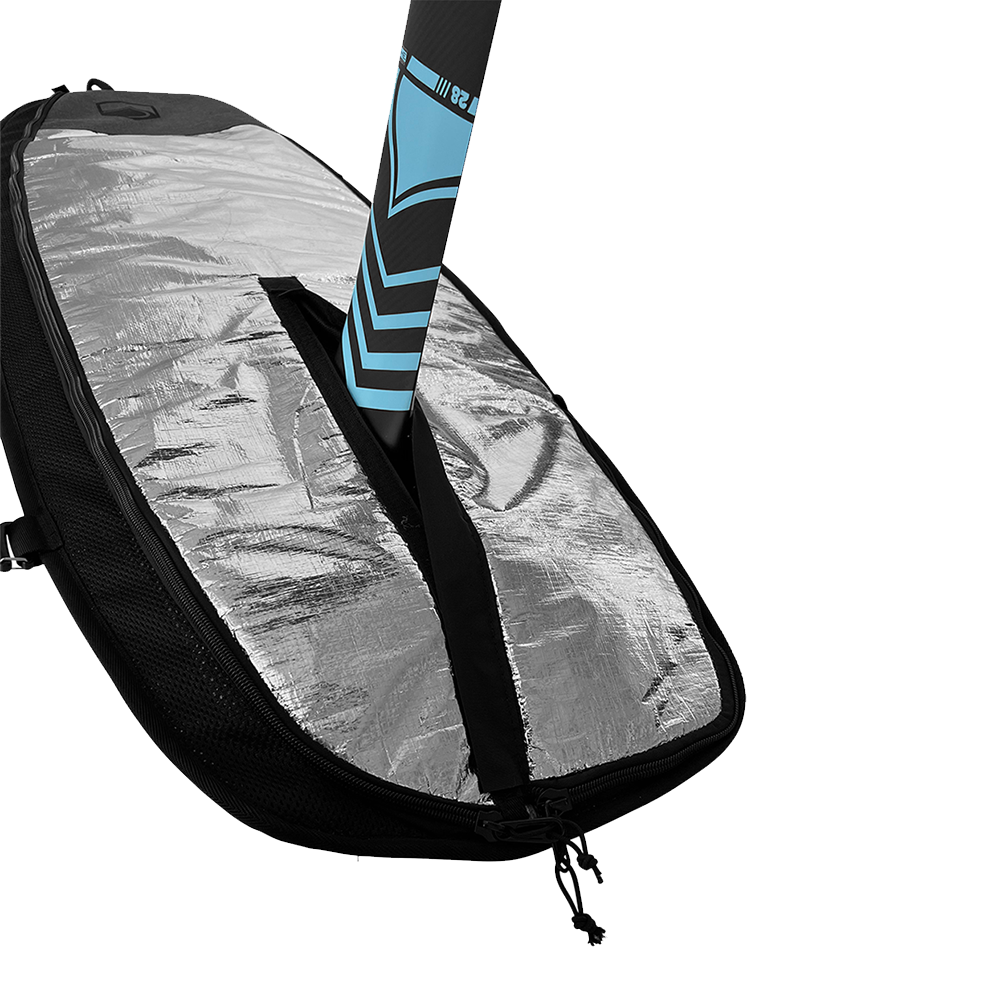 The Liquid Force Foil Board Bag - 4'4" from Liquid Force securely encloses the surfboard, showcasing a stylish silver and black protective cover, complete with an adjustable mast opening and a visible fin slot.