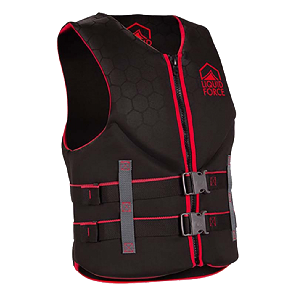 A Liquid Force Hinge Classic CGA Vest - Black/Red, suitable for water sports activities, on a white background.