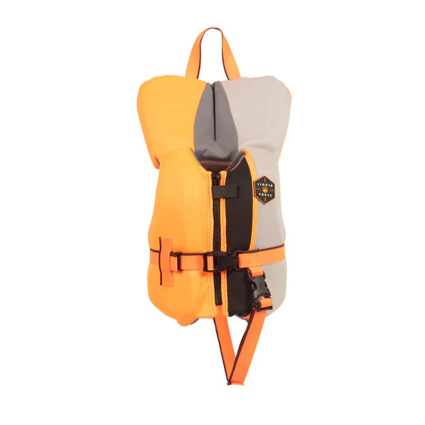 The Liquid Force Fury Boys Vest by Liquid Force is an orange and gray child life jacket with a front zipper, adjustable waist and leg straps, a top handle for easy carrying, and Coast Guard approval for safety.