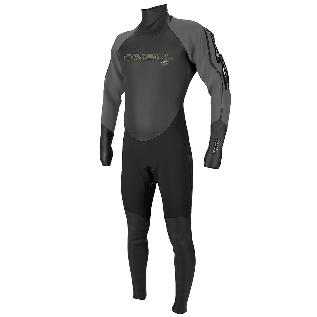 The black and green O'Neill Fluid Neo Drysuit is 100% waterproof.