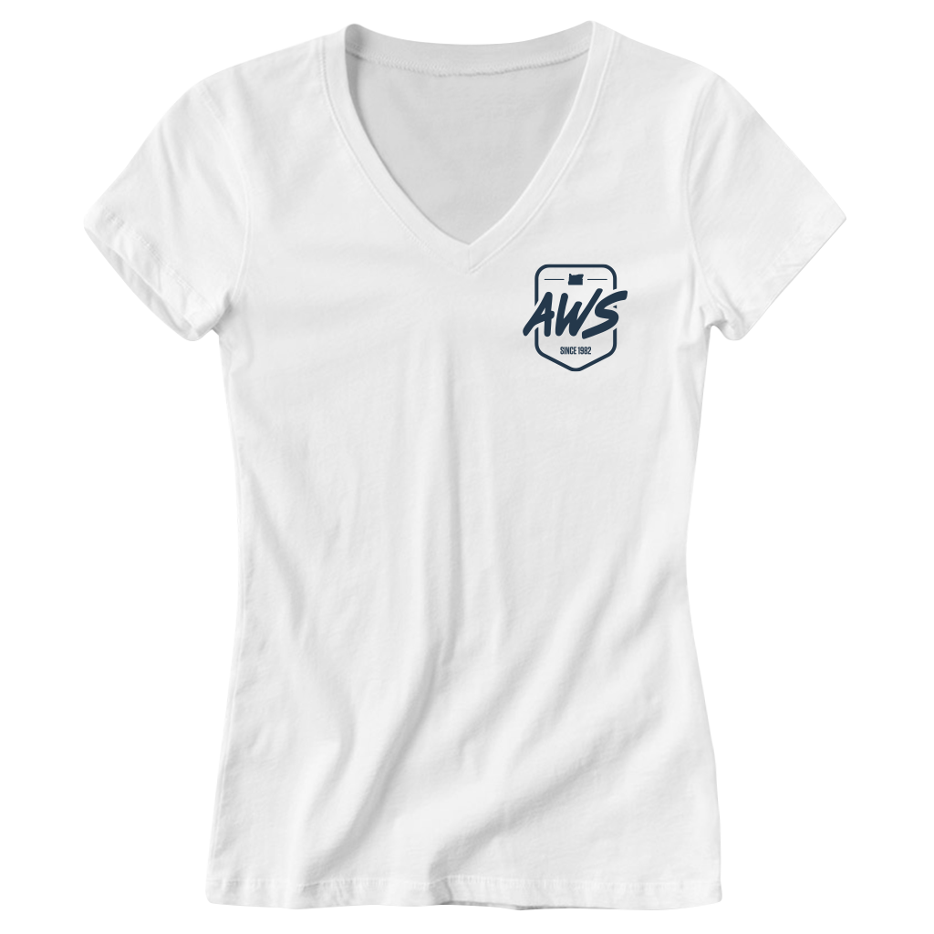 The Oregon Boater Women's Tee – White by ActiveWake features a small navy blue AWS shield logo with "Since 1961" on the left chest, celebrating Oregon Boater tradition—perfect as a Mt. Hood Boatscape tee.