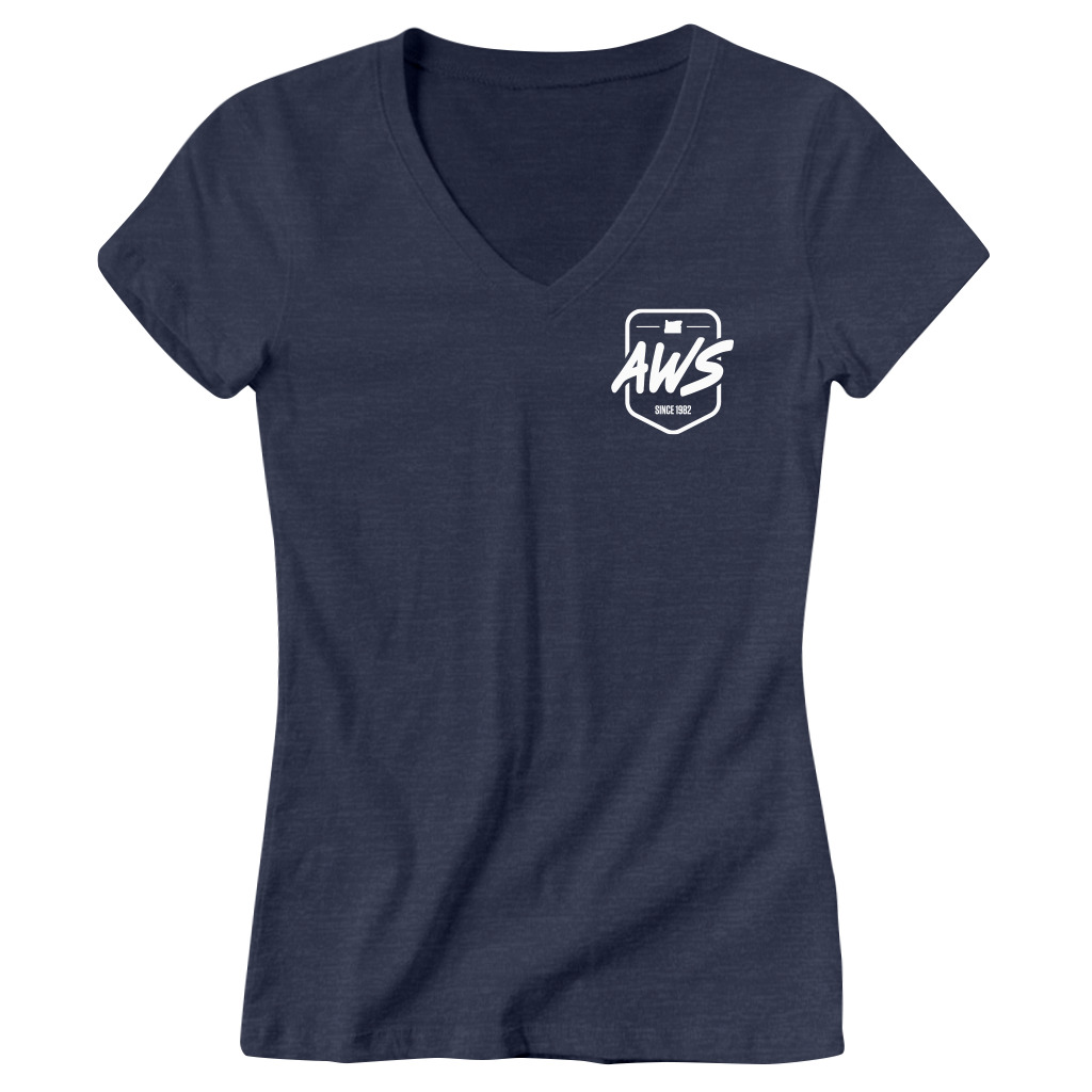 The Oregon Boater Women's Tee – Navy by ActiveWake is a navy blue women's V-neck T-shirt with a small white AWS logo and "Since 2006" inside a shield on the left chest, shown on a plain, light background.