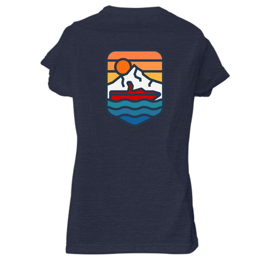 The Oregon Boater Women's Tee in navy by ActiveWake features a bold back graphic of a mountain, sun, and waves in orange, red, blue, and white, inspired by the Mt. Hood Boatscape in a shield-like design.