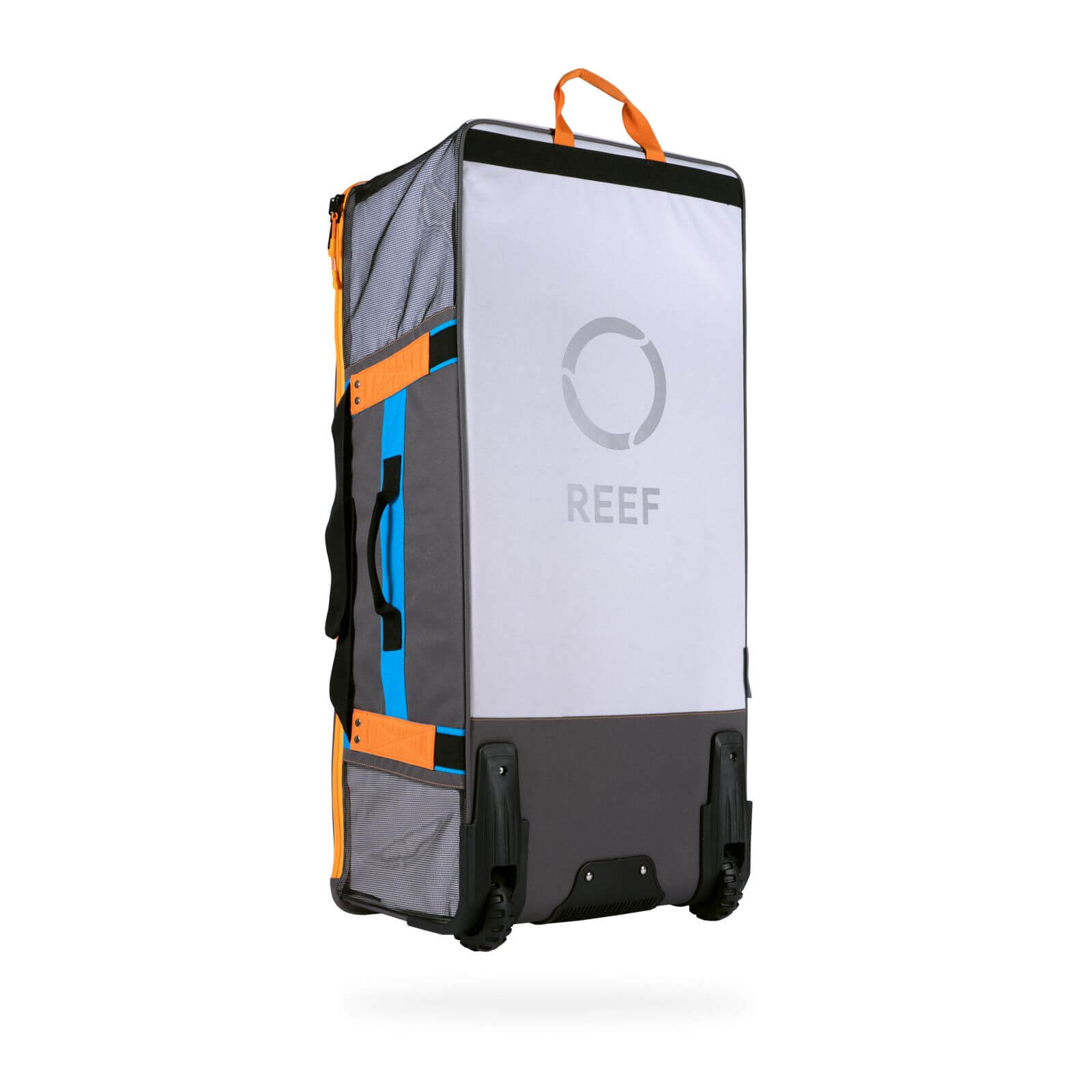 A blue and orange rolling bag with the word reef on it, perfect for carrying your Mission Reef Hex 82 Mat (11.5' X 11.5') or REEF HEX inflatable mats.