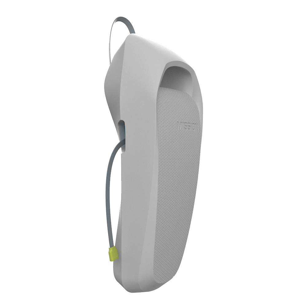 A white MISSION device with a yellow cord attached to it, providing protection.