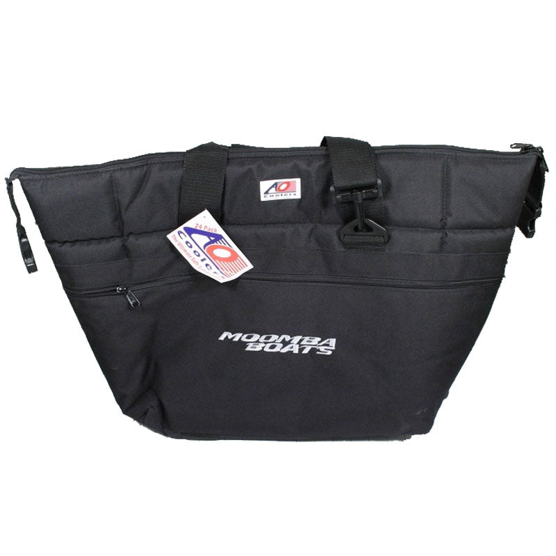 The Moomba Cooler w/Logo, 24 Can is a large black insulated tote by Moomba, featuring a zippered top, front pockets, carrying handles, and “MOOMBA BOATS” on the front. The soft-side cooler holds up to 24 cans and includes a tag near the handle.