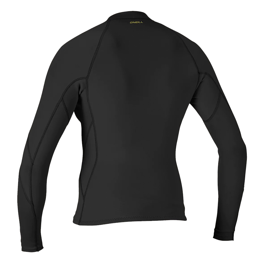 The back view of the O'Neill Bahia Front Zip Jacket men's black long sleeved wetsuit, designed for athletes.