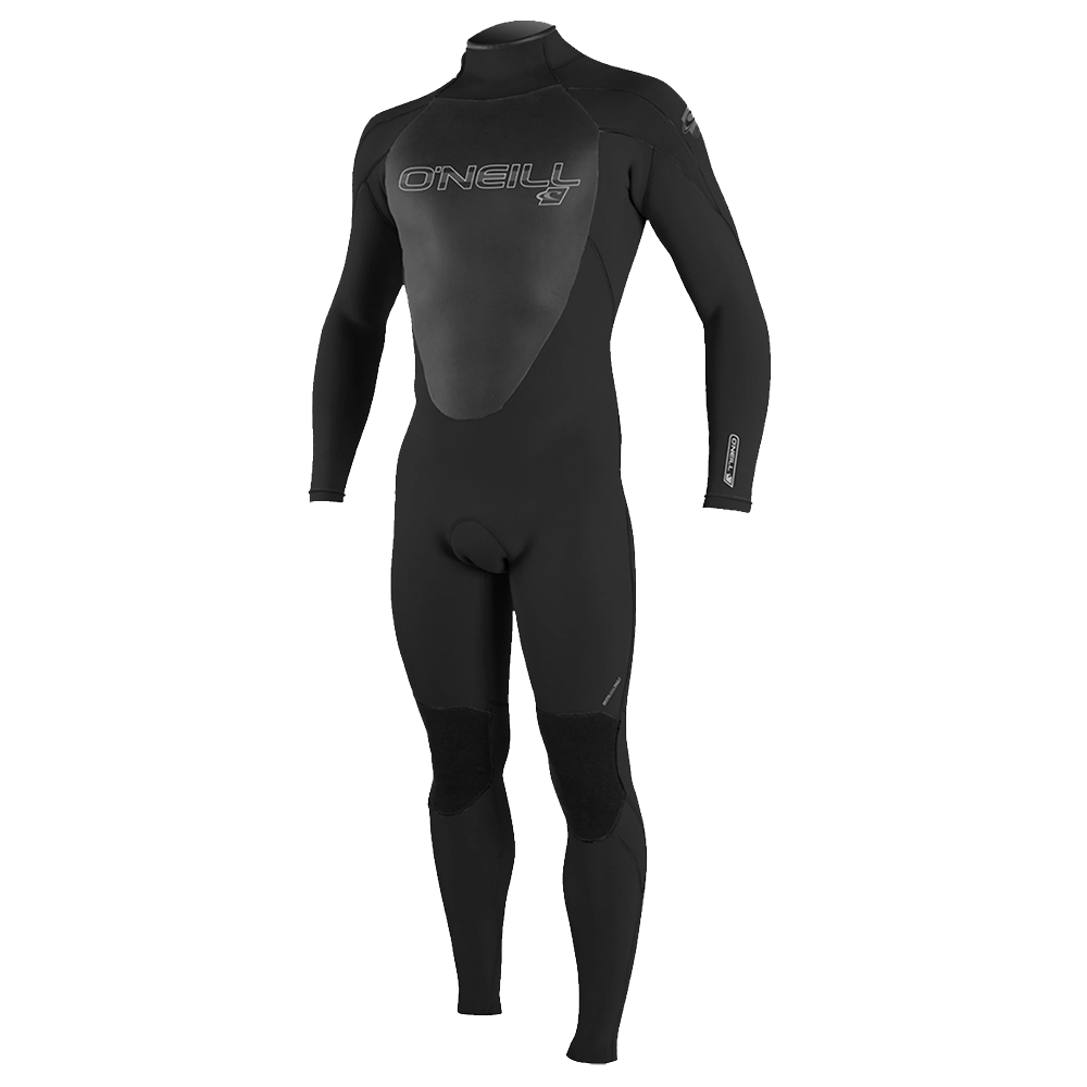 An O'Neill Epic 4/3 Full Wetsuit featuring UltraFlex DS neoprene and a re-engineered covert Blackout zipper, showcased on a white background.
