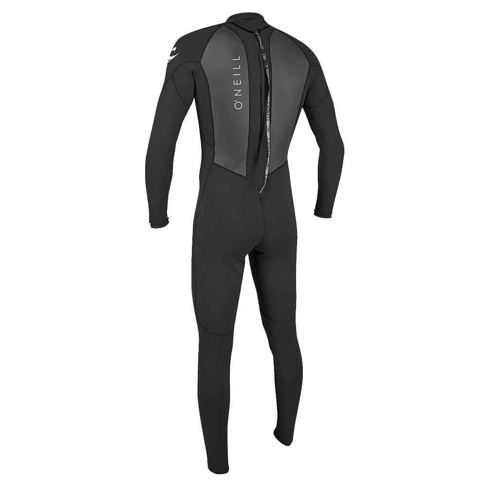 The O'Neill Reactor II 3/2 Back Zip Full Wetsuit is showcased in this image, standing out against a clean white background. Its black exterior exudes durability and is designed for optimal performance in water sports.