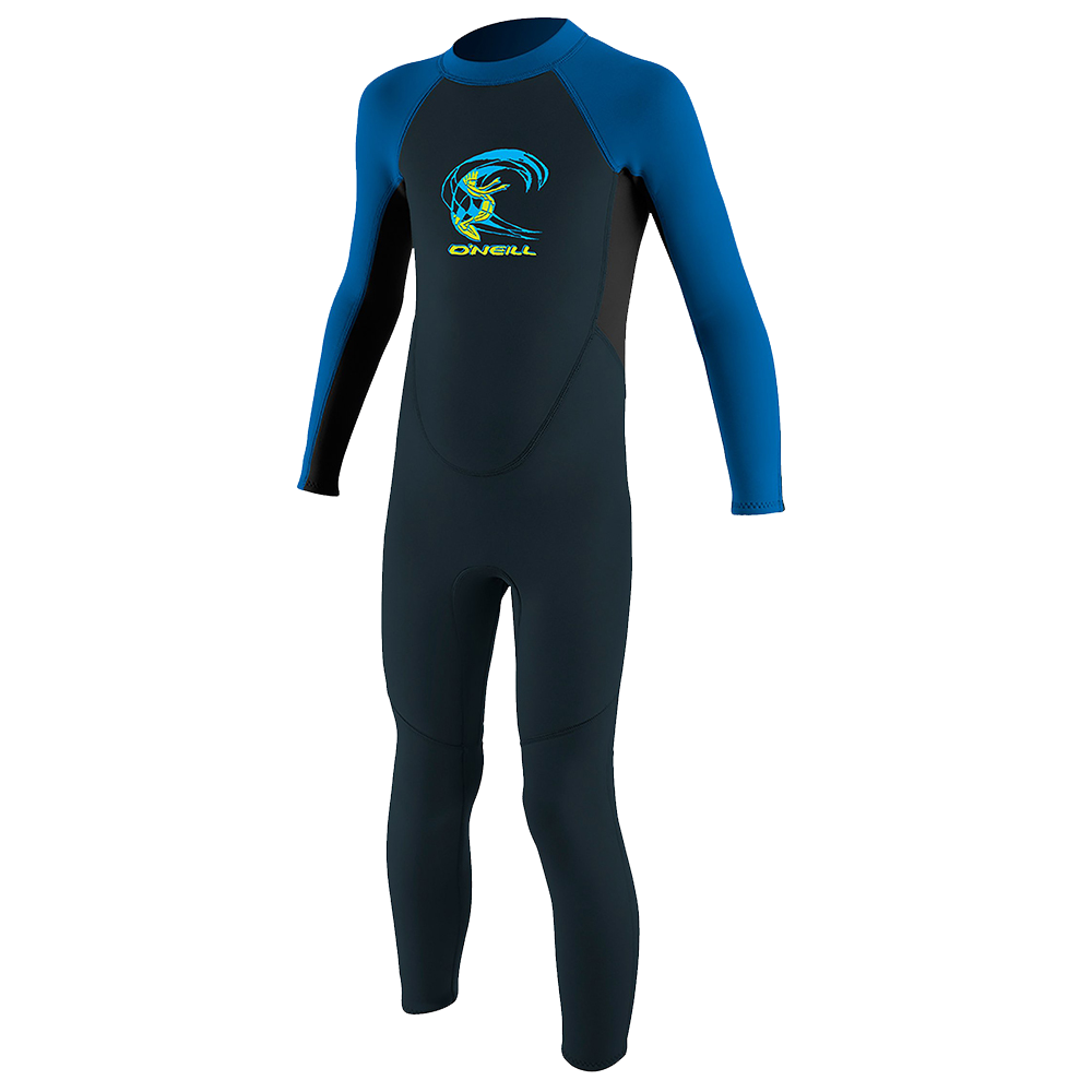 The O'Neill Toddler Reactor II 2mm Back Zip Full Wetsuit - Black/Ocean/Slate offers exceptional performance and value-driven design in a striking blue and blue color scheme.