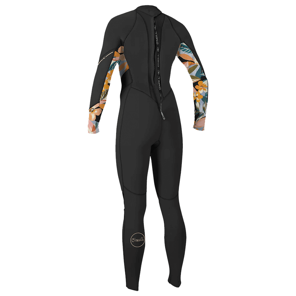 An athlete's O'Neill Women's Bahia 3/2 Back Zip Full wetsuit with a floral pattern on the back.