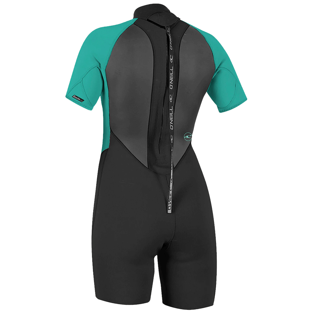 The O'Neill Women's Reactor-2 2mm Back Zip S/S Spring Wetsuit, a women's wetsuit known for its durability and performance, is showcased in the back view.