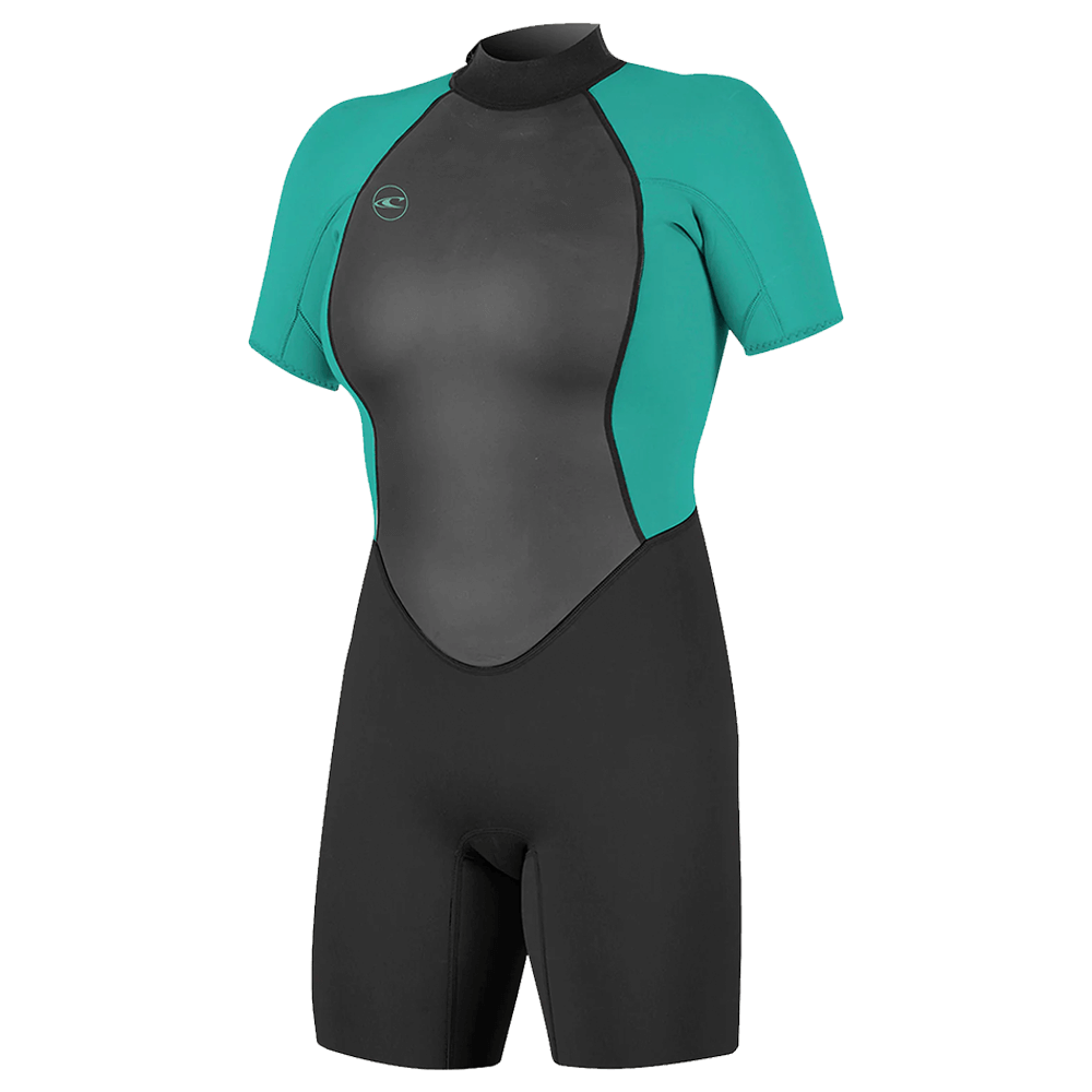 The O'Neill Women's Reactor-2 2mm Back Zip S/S Spring Wetsuit in black and teal offers both durability and performance.