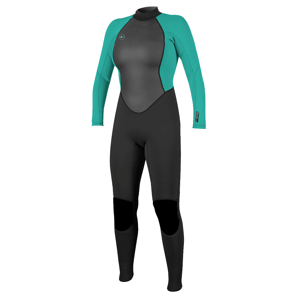 The O'Neill Women's Reactor-2 3/2mm Back Zip Full Wetsuit in black and teal offers unmatched performance and durability.