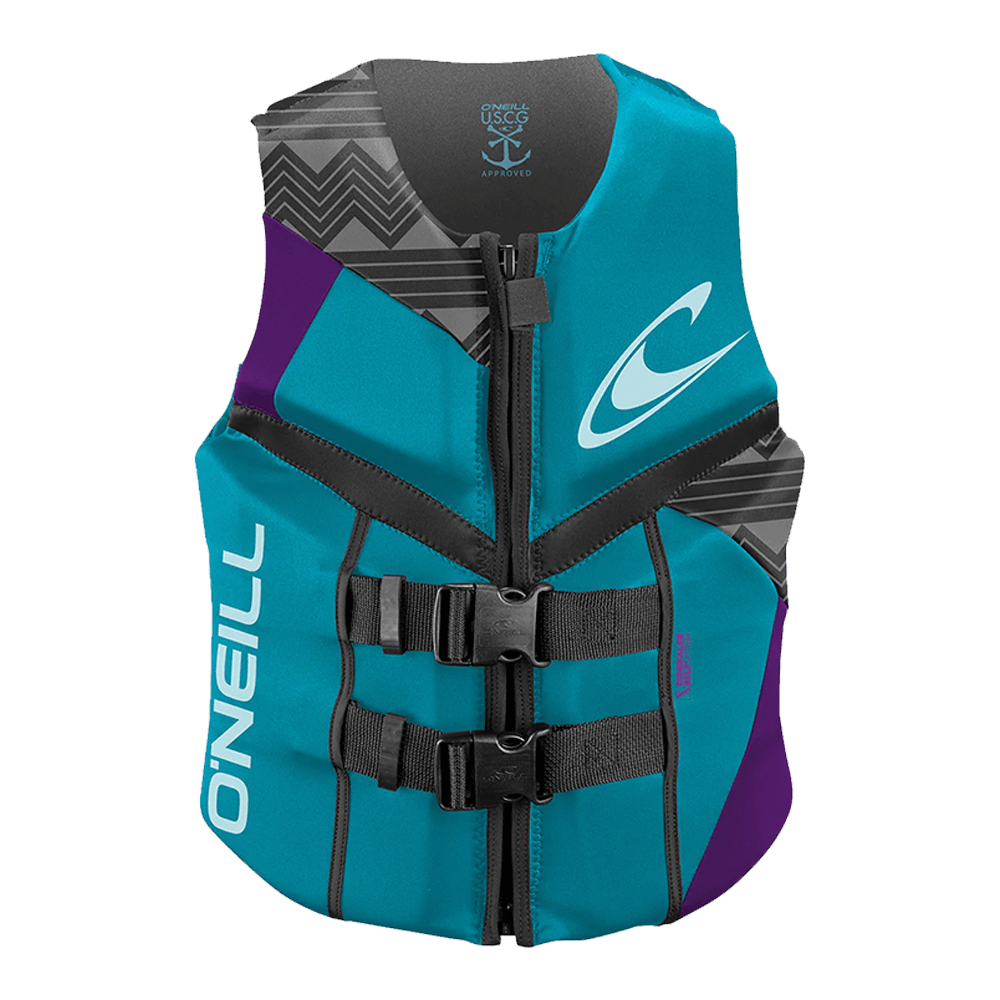 An O'Neill Women's Reactor USCG Vest with a purple and teal design for wake and waterski athletes.