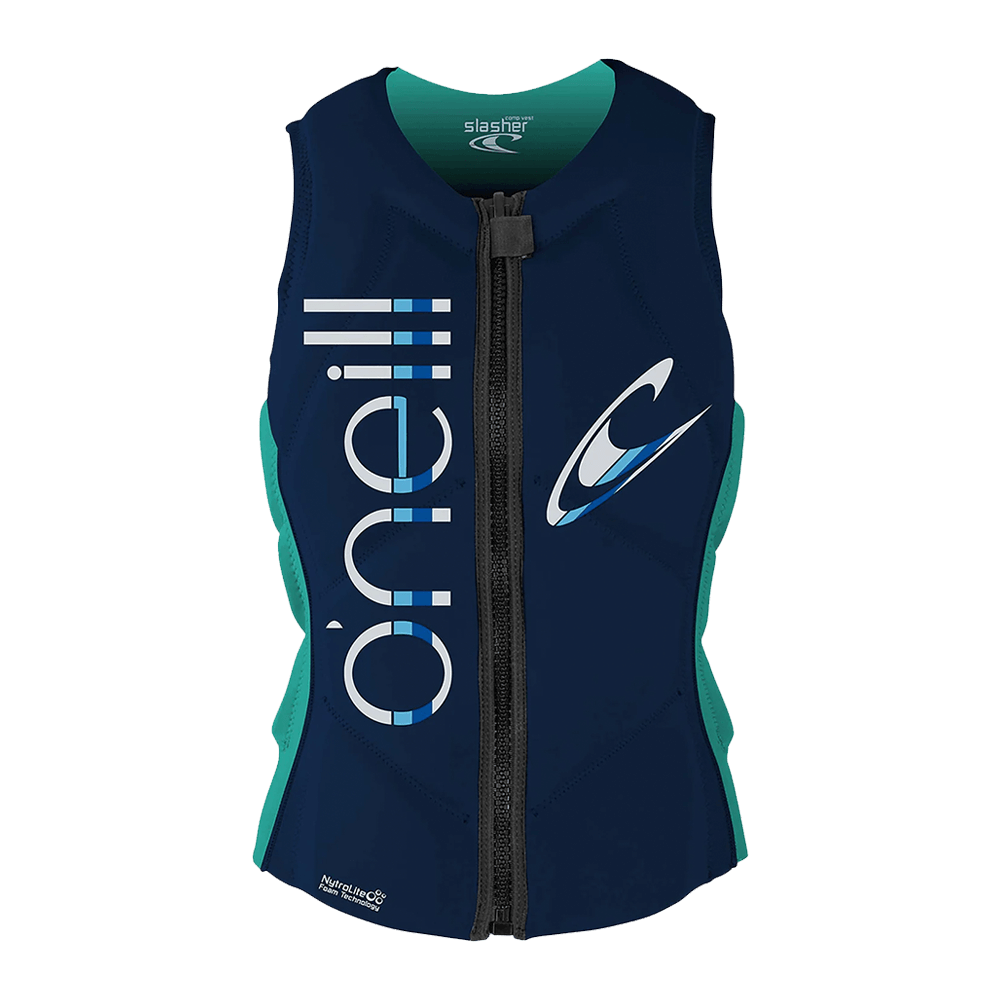 An O'Neill Women's Slasher Comp Vest with a blue and teal design featuring Nytrolite Foam Technology.