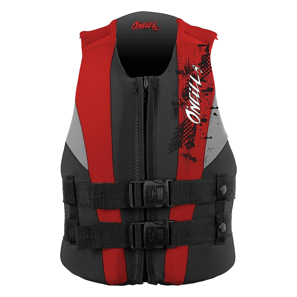 An O'Neill Youth Reactor USCG Life Vest (50-90 LBS) with a dual safety buckle system designed for kids' safety.