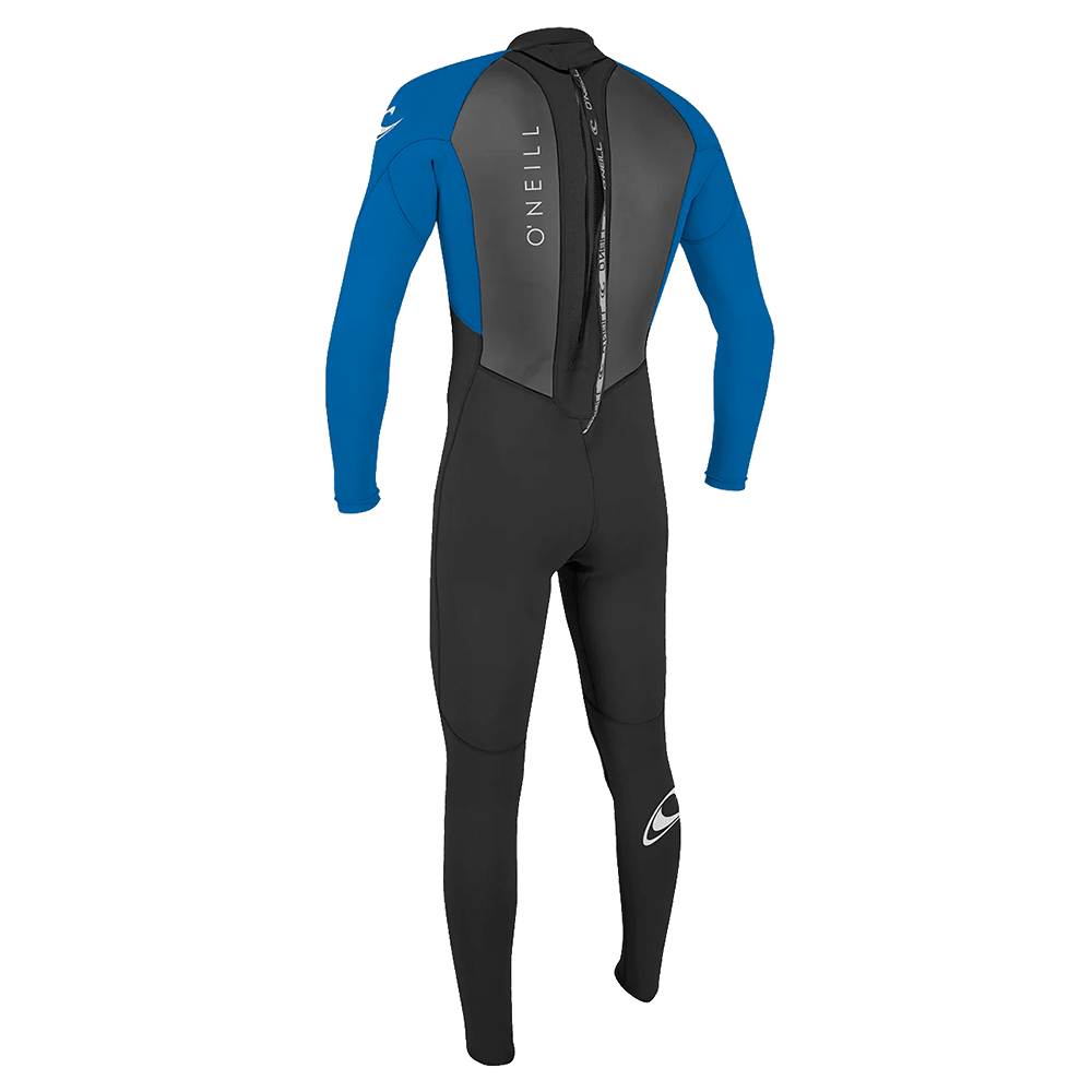 A black and blue O'Neill Youth Reactor II 3/2MM Back Zip Full Wetsuit with a blue zipper, designed for optimal performance.