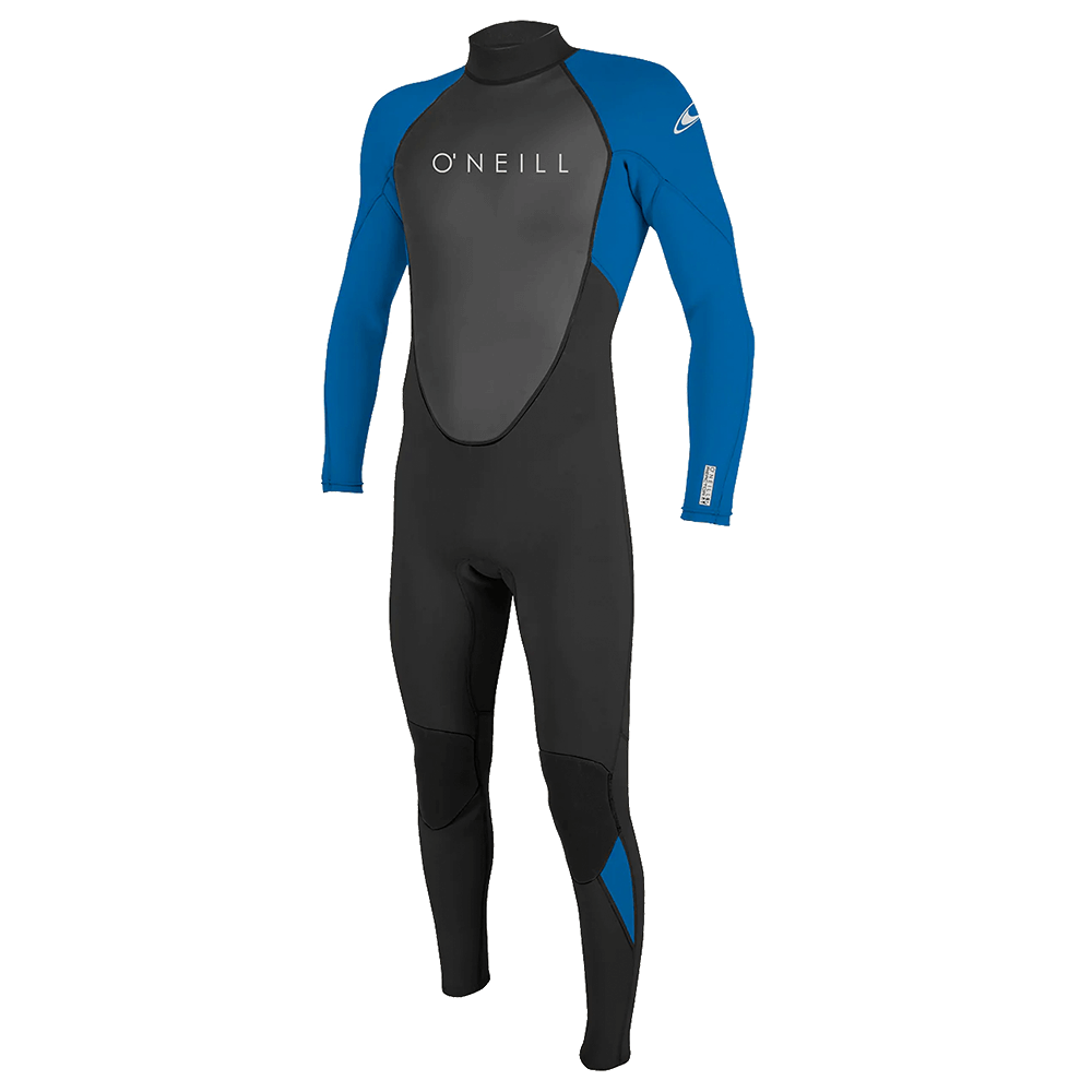 The O'Neill Youth Reactor II 3/2MM Back Zip Full Wetsuit in black and blue, designed for optimal performance.