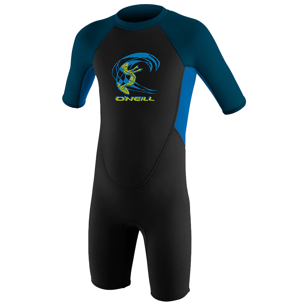 The O'Neill Toddler Reactor II 2MM Back Zip S/S Spring Wetsuit - Black/Ocean/Slate is a value-driven package that combines high performance with style. This black and blue wetsuit features a captivating wave design, making it a standout.