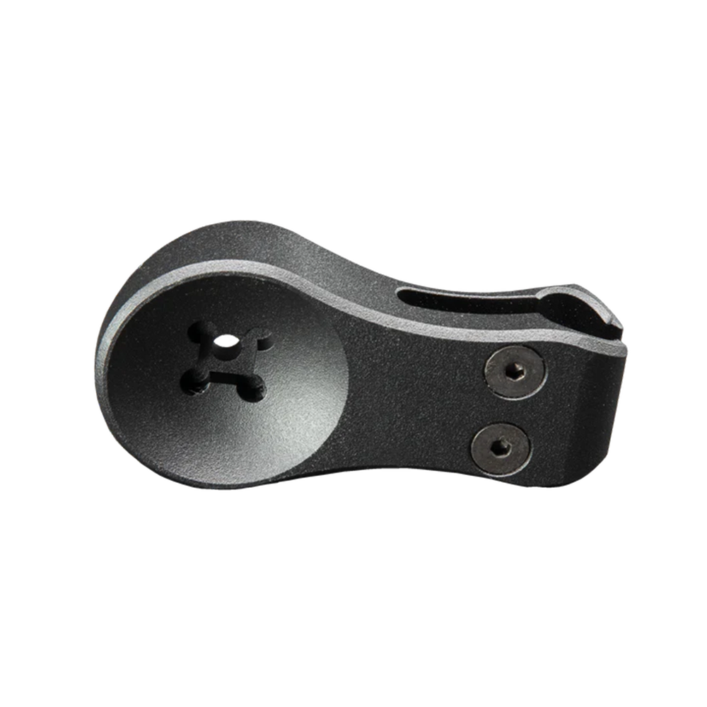 The PTM Edge RTS-100 Rod-to-Scoop Adapter by PTM Edge is a black, curved metal mount featuring two screws and a spherical tension socket for secure cycling device attachment. Shown on a plain white background.