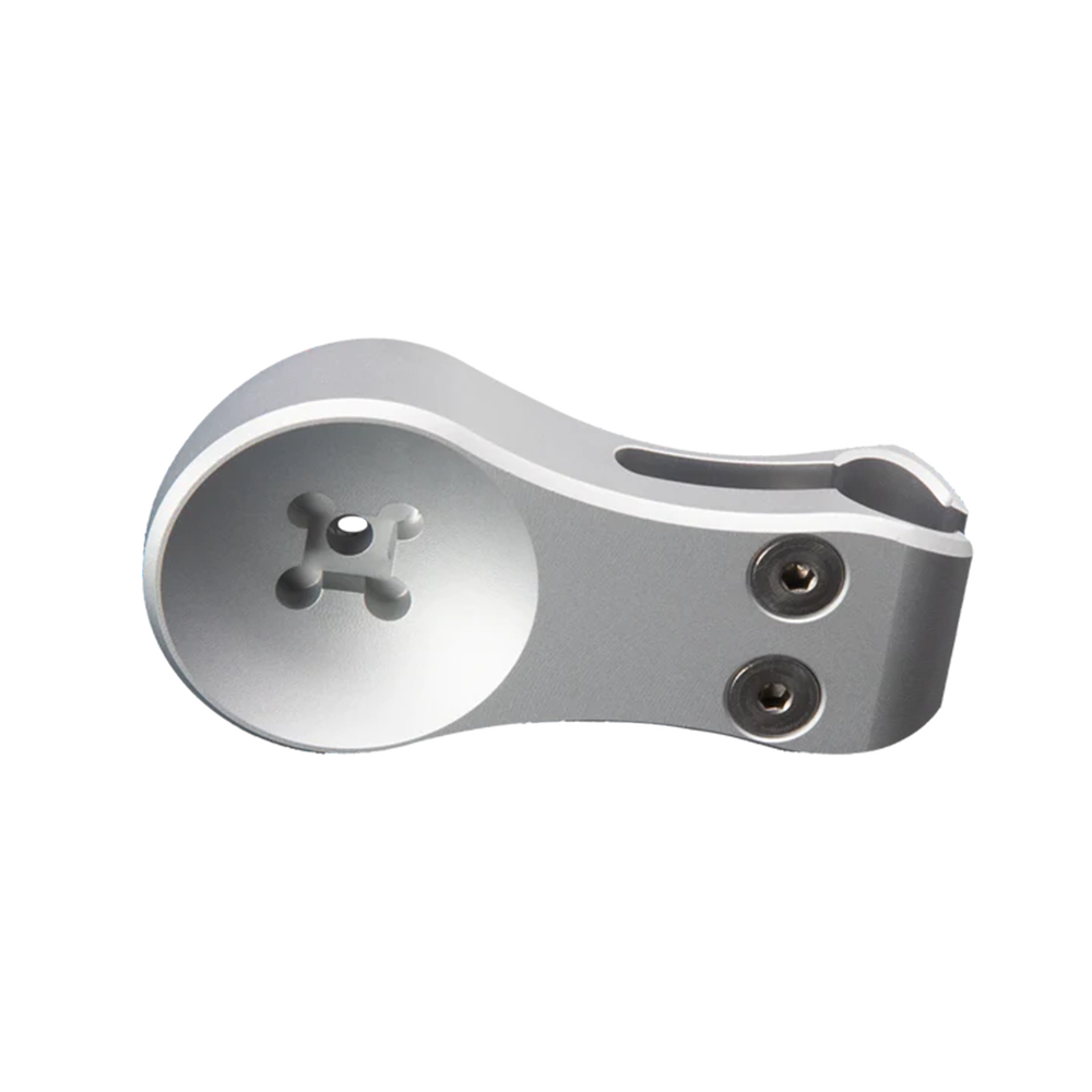 The PTM Edge RTS-100 Rod-to-Scoop Adapter by PTM Edge, a silver machined metal mount with two hex screws and a cross-shaped slot, is shown alongside its spherical tension socket against a white background.
