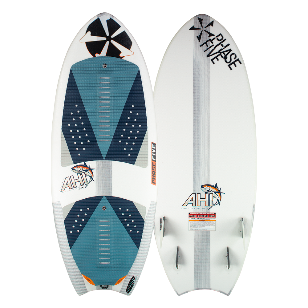 A Phase 5 2023 Ahi Wakesurf Board with a blue and orange design resembling a surfboard.