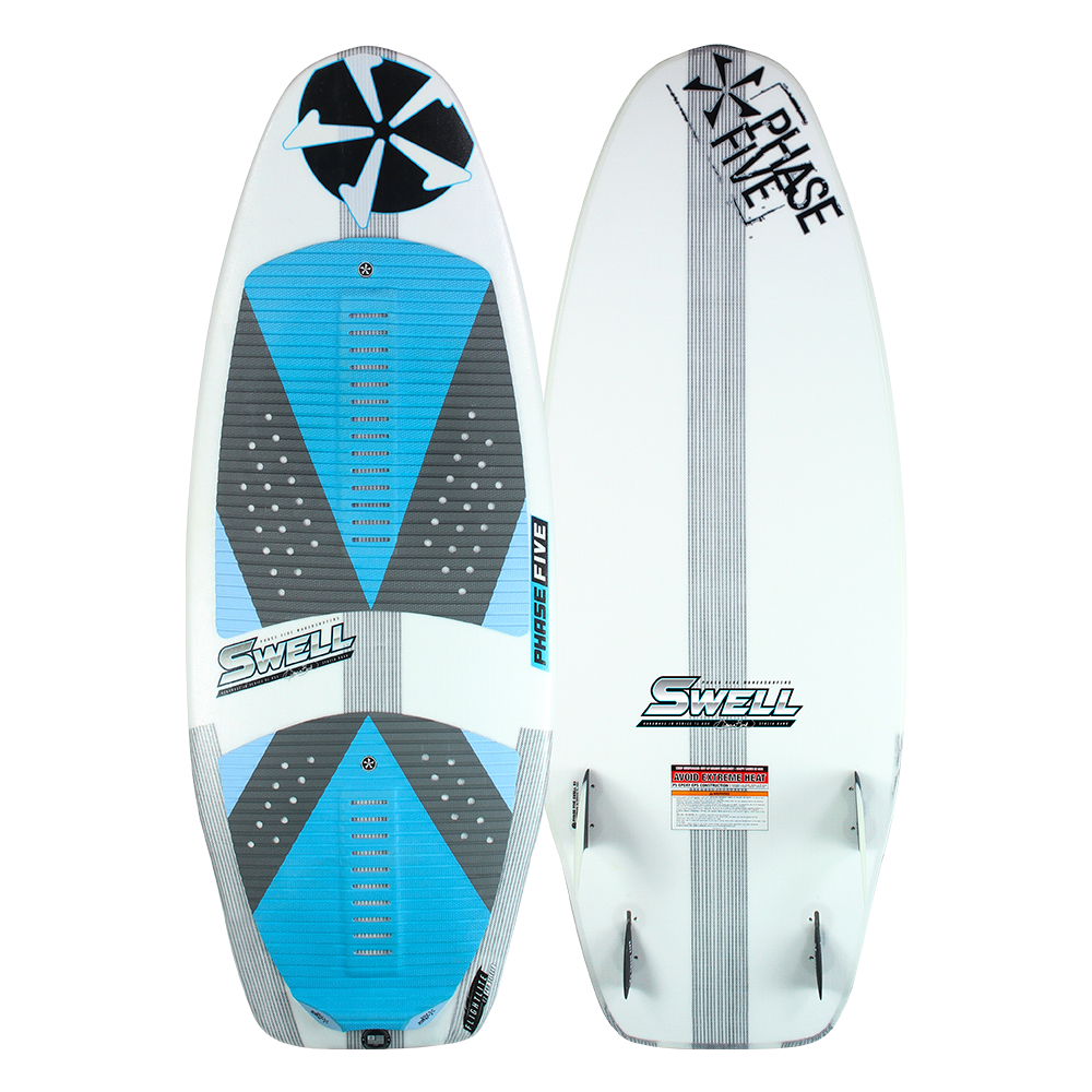 A Phase 5 2023 Swell Wakesurf Board with a blue and white design featuring FLEXtec V2 technology.
