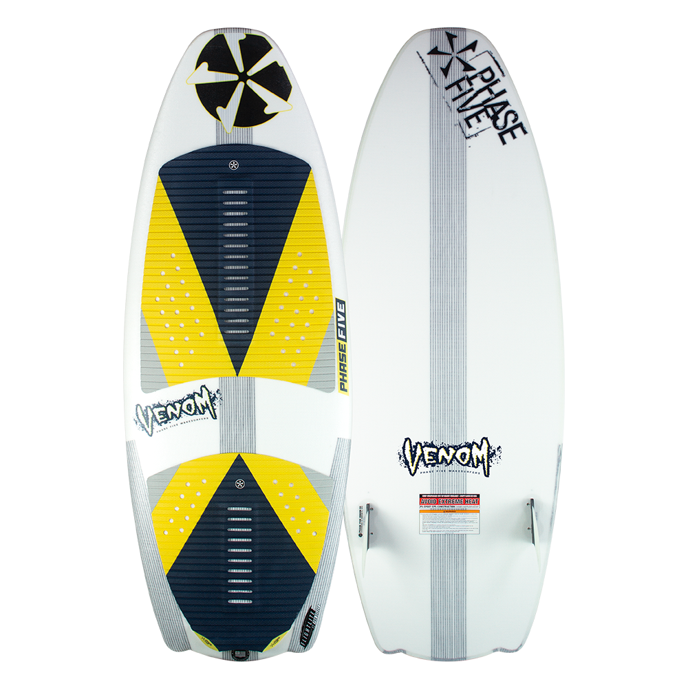 A white and yellow wakesurf board with a yellow logo showcasing the board's Phase 5 brand, the Phase 5 2023 Venom Wakesurf Board.