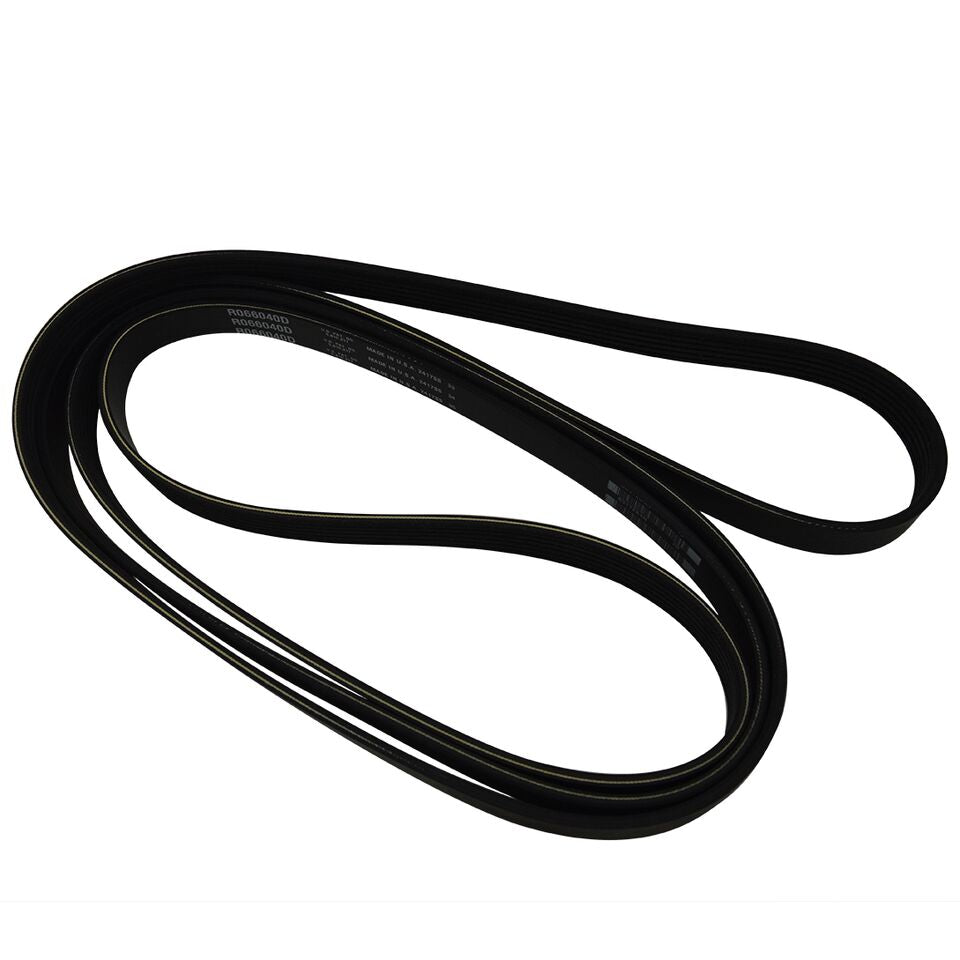 The PCM Serpentine Belt - Gen 5 (R066040) by PCM, shown coiled on a white background, features grooves for driving multiple engine components and is suitable for H5 PCM and H6 PCM engine configurations.