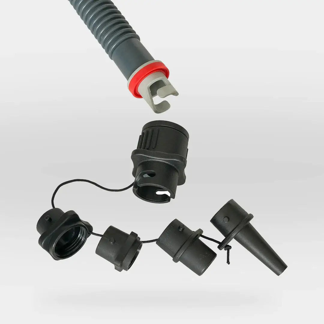 A black and red hose connected to a black MISSION 120V Electric Pump 3.6psi air pump.
