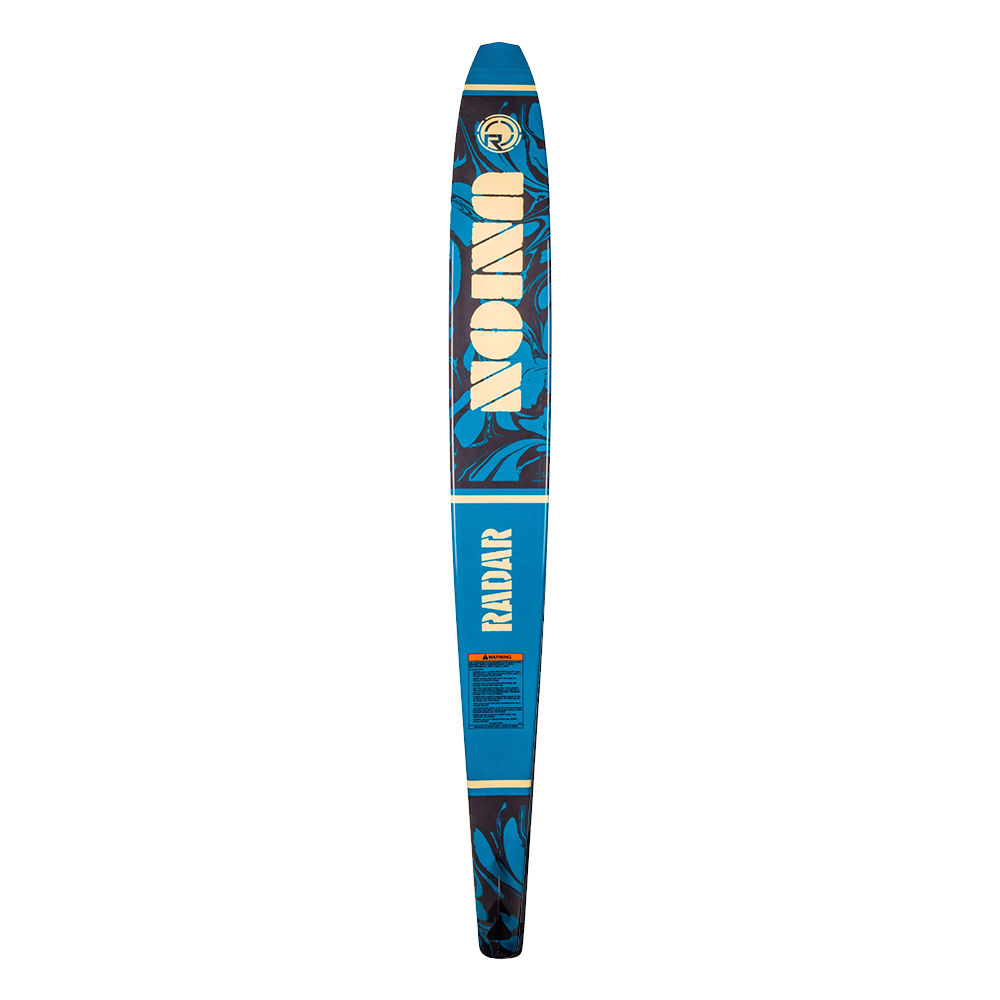 The Radar 2023 Union Ski with Prime Binding features blue and black colors, bold UNION lettering, smaller RADAR branding, and a tropical leaf pattern on both the top and bottom.