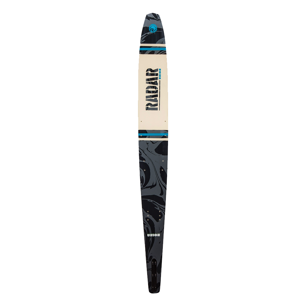 The Radar 2023 Union Ski | Prime Binding | ARTP features a sleek black and gray design with blue accents and bold "RADAR" lettering on a beige section, combining speed and stability from the renowned Radar brand.