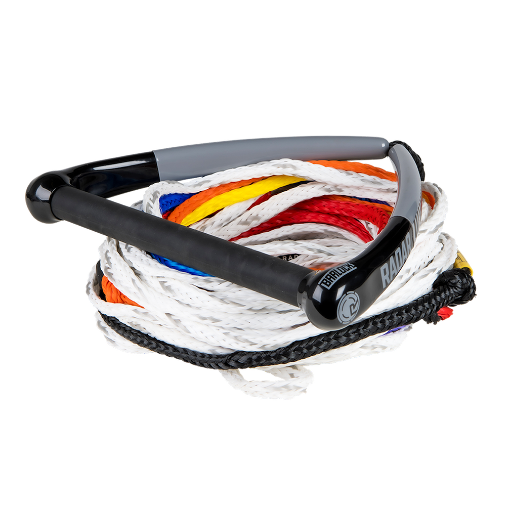 The Radar Control Barlock Pro Package by Radar is a coiled water ski rope that includes a black handle and double dipped endcaps, featuring vibrant multicolored strands such as white, red, orange, and blue.