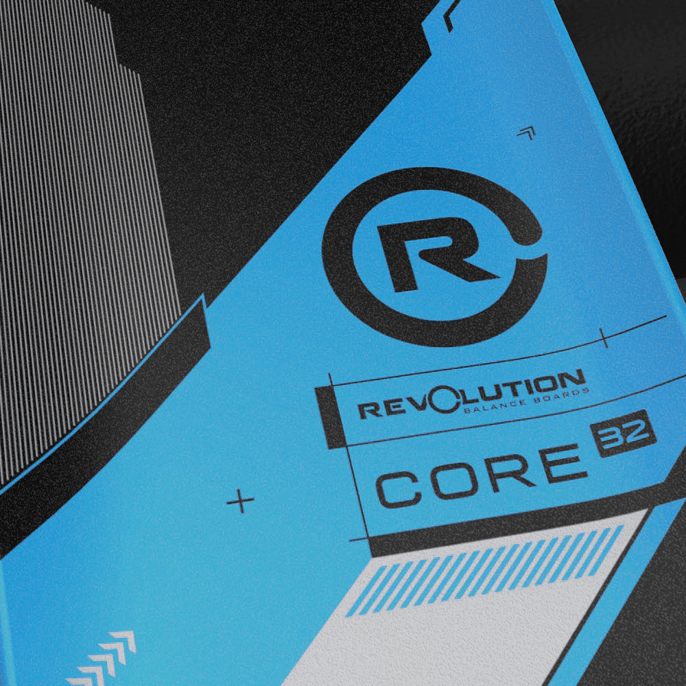 A black and blue Revolution Core 32 Balance Board featuring the word revolution, emphasizing progression and balance board tricks.