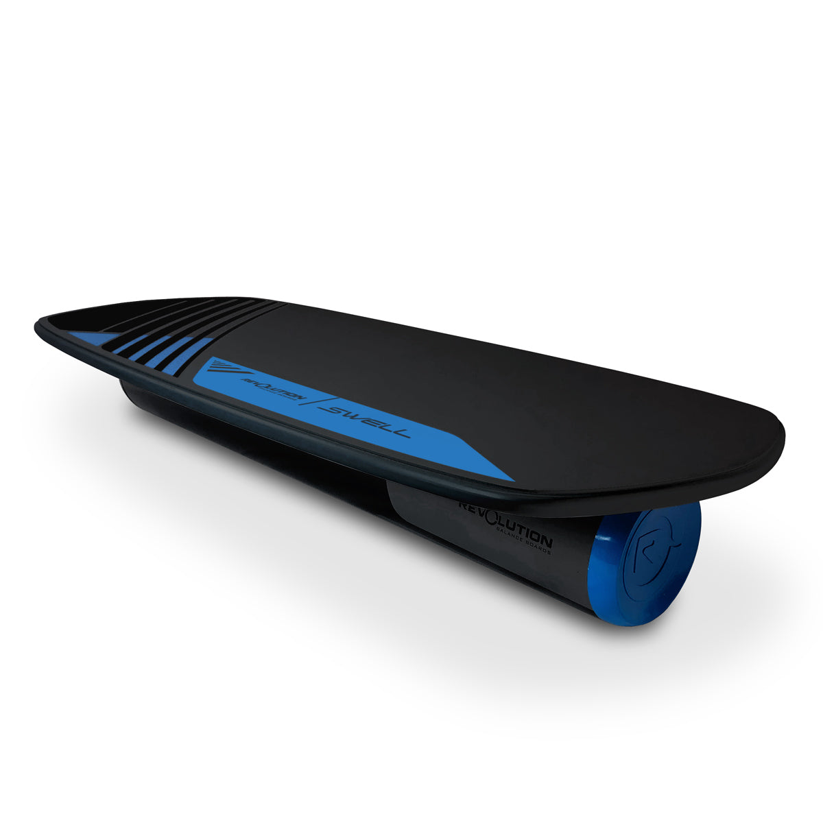 A black and blue Revolution Swell 2.0 Balance Board on a white surface.