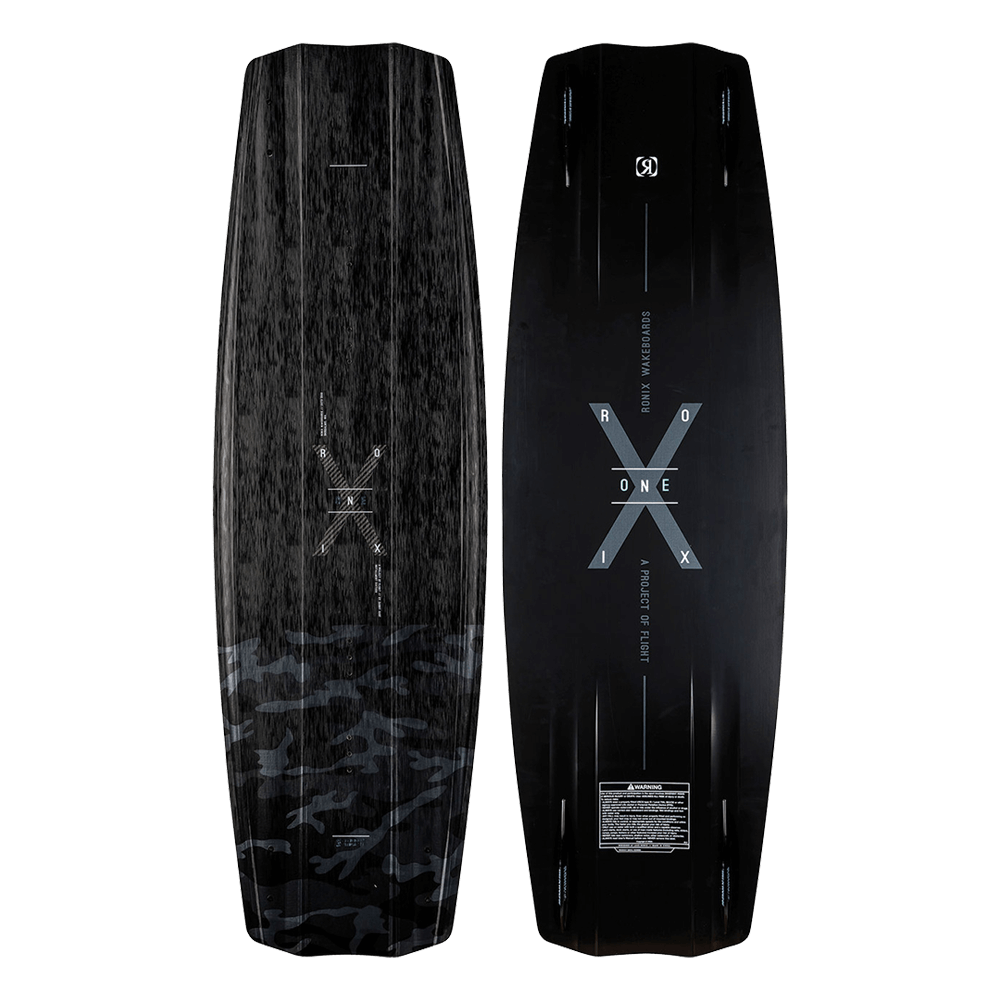 A black Ronix 2022 One Timebomb Fused Core Wakeboard with an x design on it, showcasing Timebomb construction.
