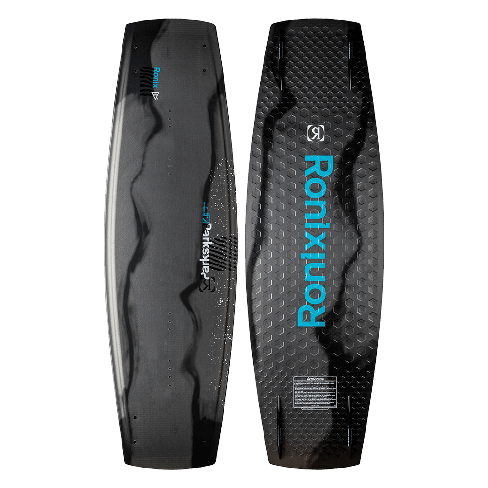 A black and blue Ronix 2022 Parks Wakeboard emphasizing stability with a blue Ronix logo.