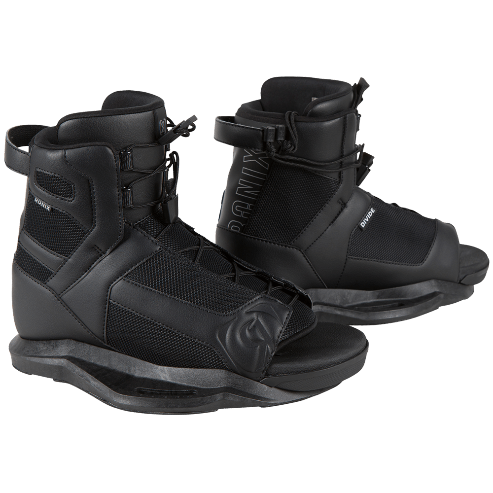 A pair of black Ronix 2024 Divide Bindings featuring the AutoLock lacing system on a white background.