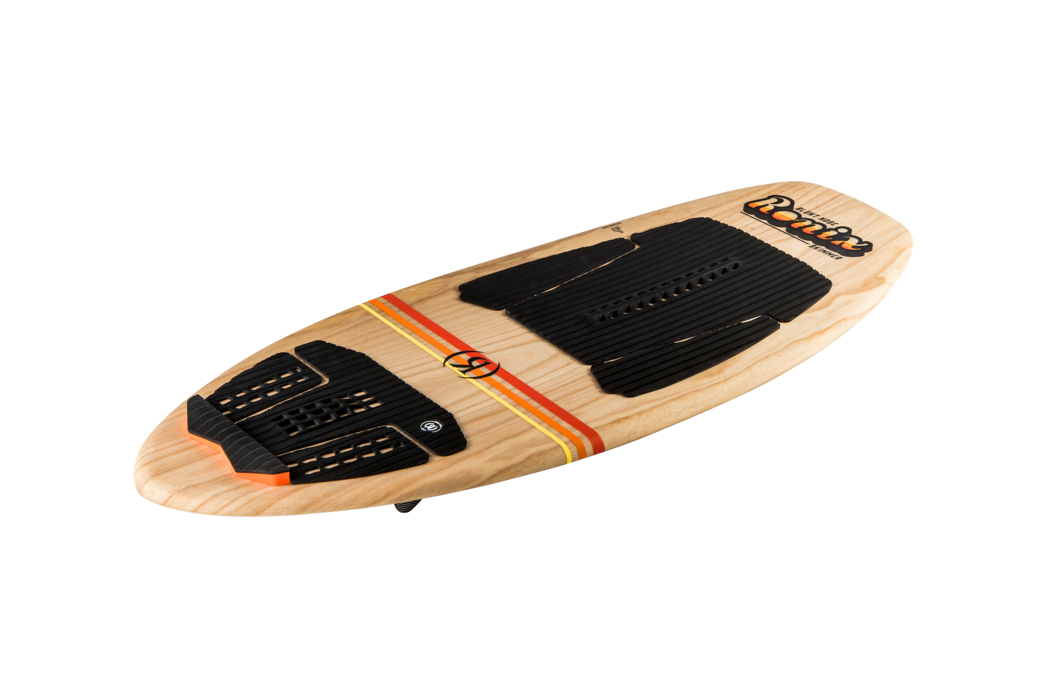 A wide wooden Ronix wakeboard with great stability on a black background.