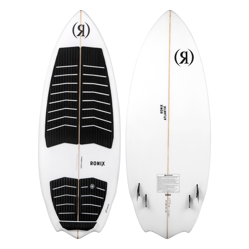 A stylish Ronix 2024 Flyweight Atlantik Wakesurf Board featuring black and white stripes, perfect for surfers seeking performance.