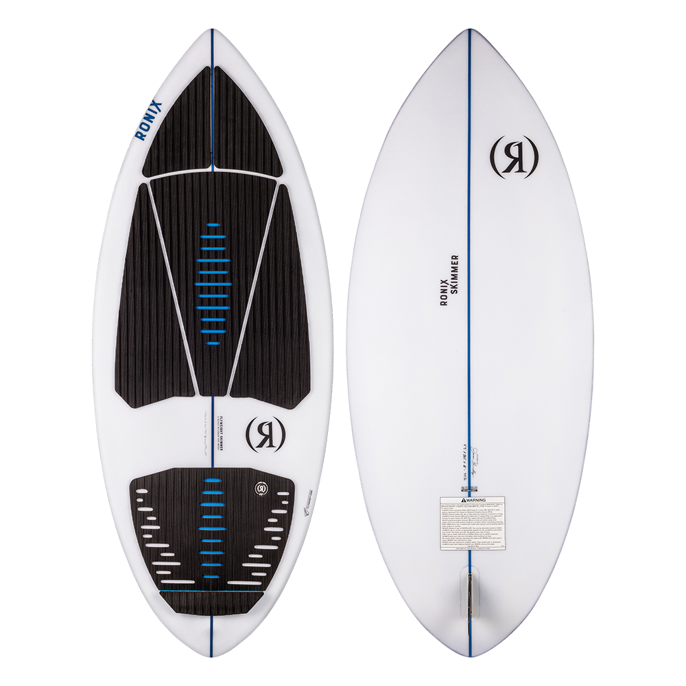 A minimalist Ronix 2024 Flyweight Skimmer surfboard with a blue stripe.