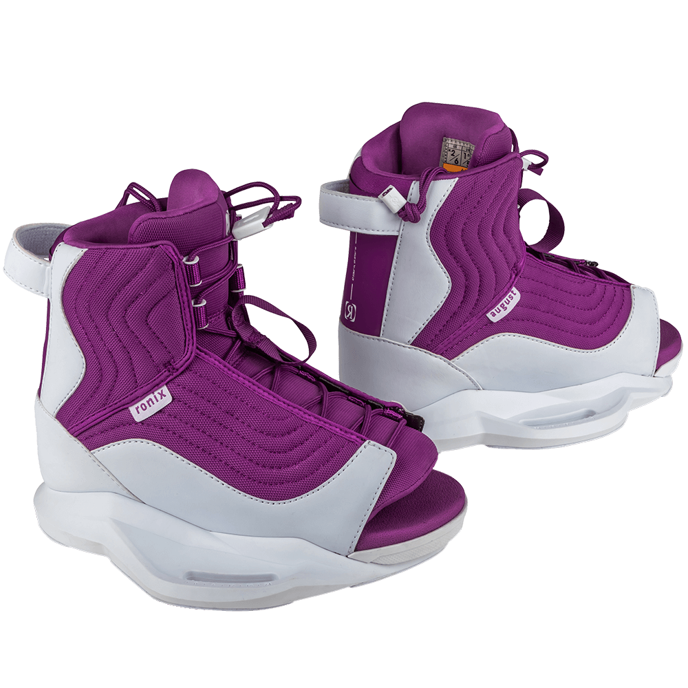A next generation pair of purple and white Ronix AutoLock wakeboard boots.