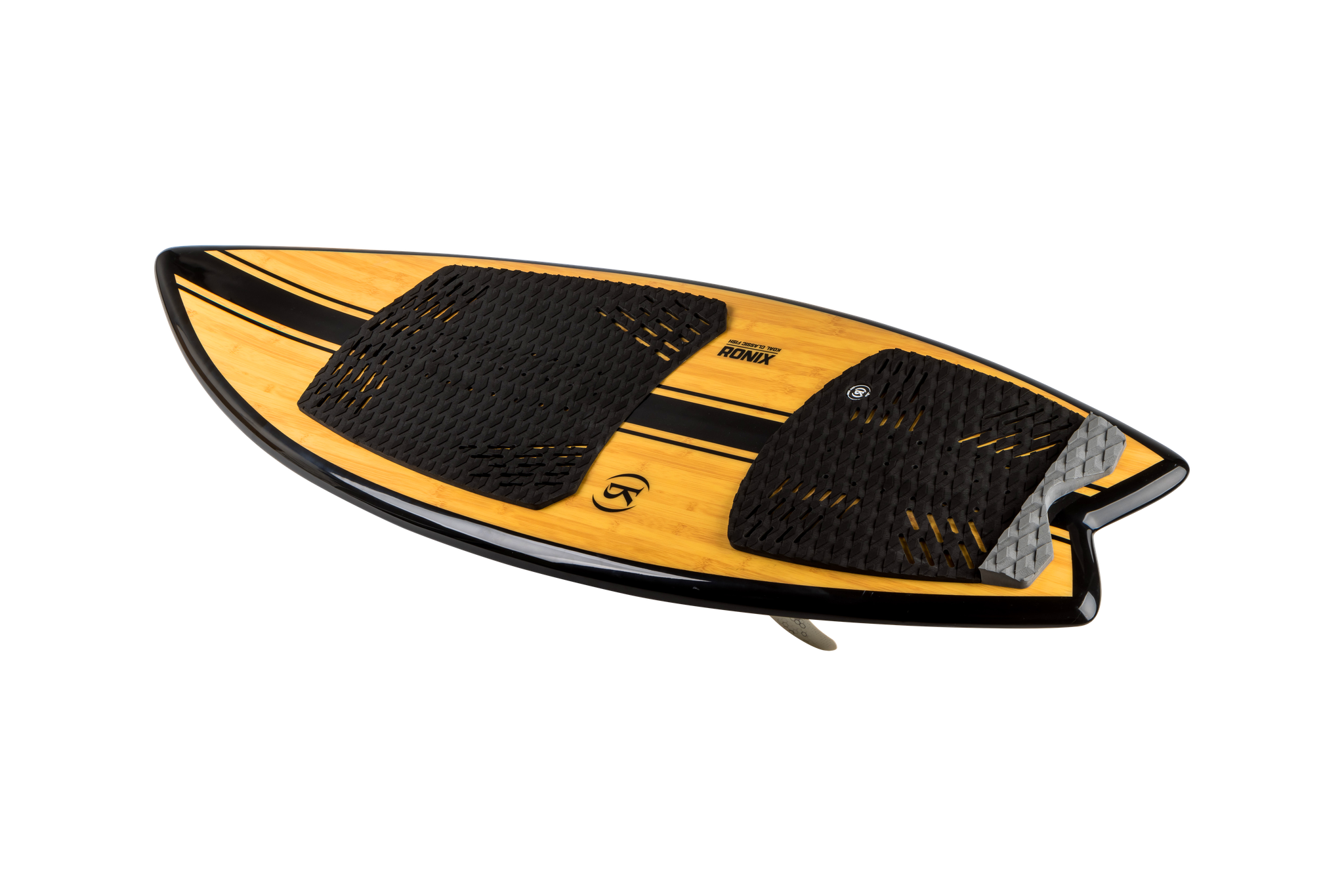 A yellow and black Ronix 2024 Koal Classic Fish Wakesurf Board for wakesurfing on a black background.