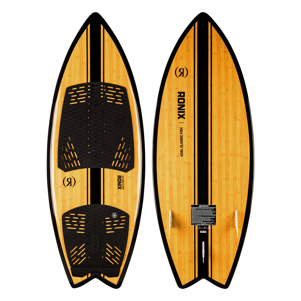 A Ronix 2024 Koal Classic Fish Wakesurf Board with a black and yellow stripe.