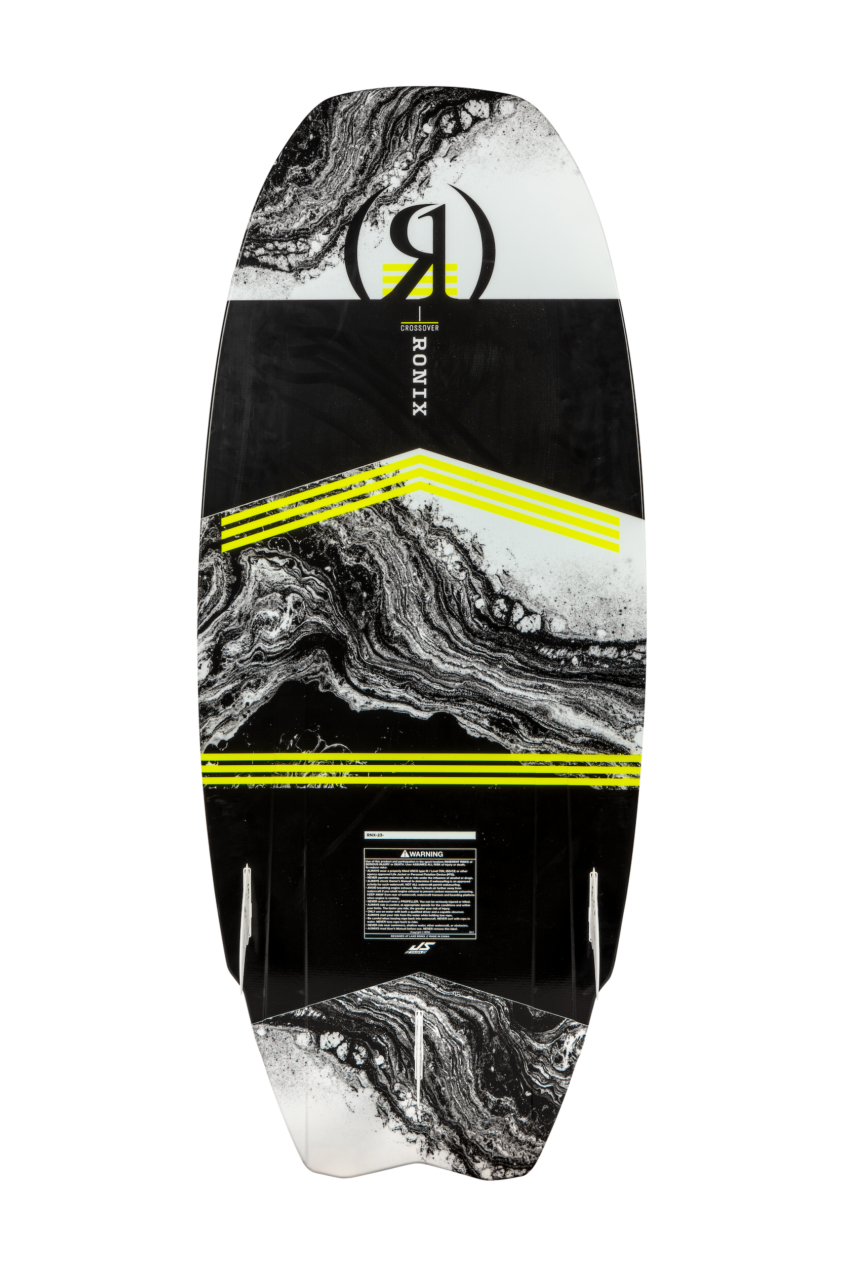 A Ronix 2023 Koal Surface Crossover Wakesurf Board with a black and yellow design, perfect for freeride vibe and new school maneuvers. Suitable for XL riders.