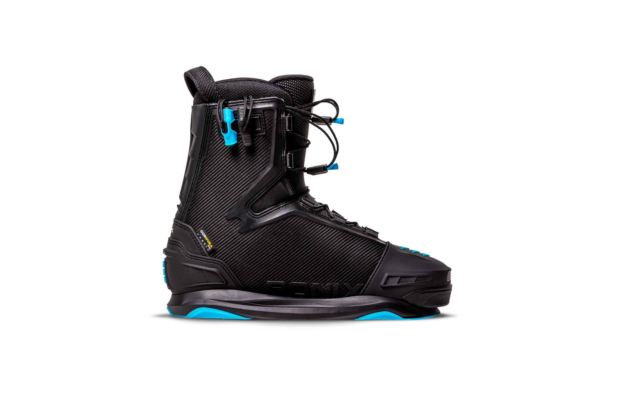 A responsive Ronix 2023 One Carbitex snowboard boot with an Intuition+ heat moldable liner, showcased on a sleek black background.